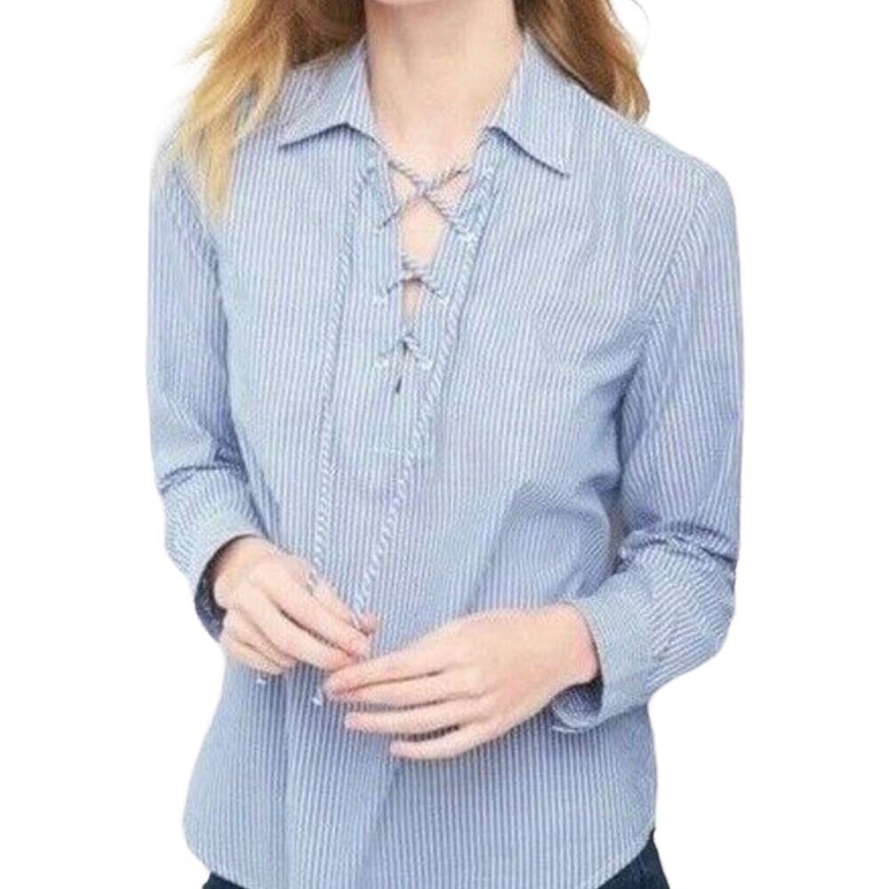 GAP Blue Stripe Lace Up Popover Shirt Medium